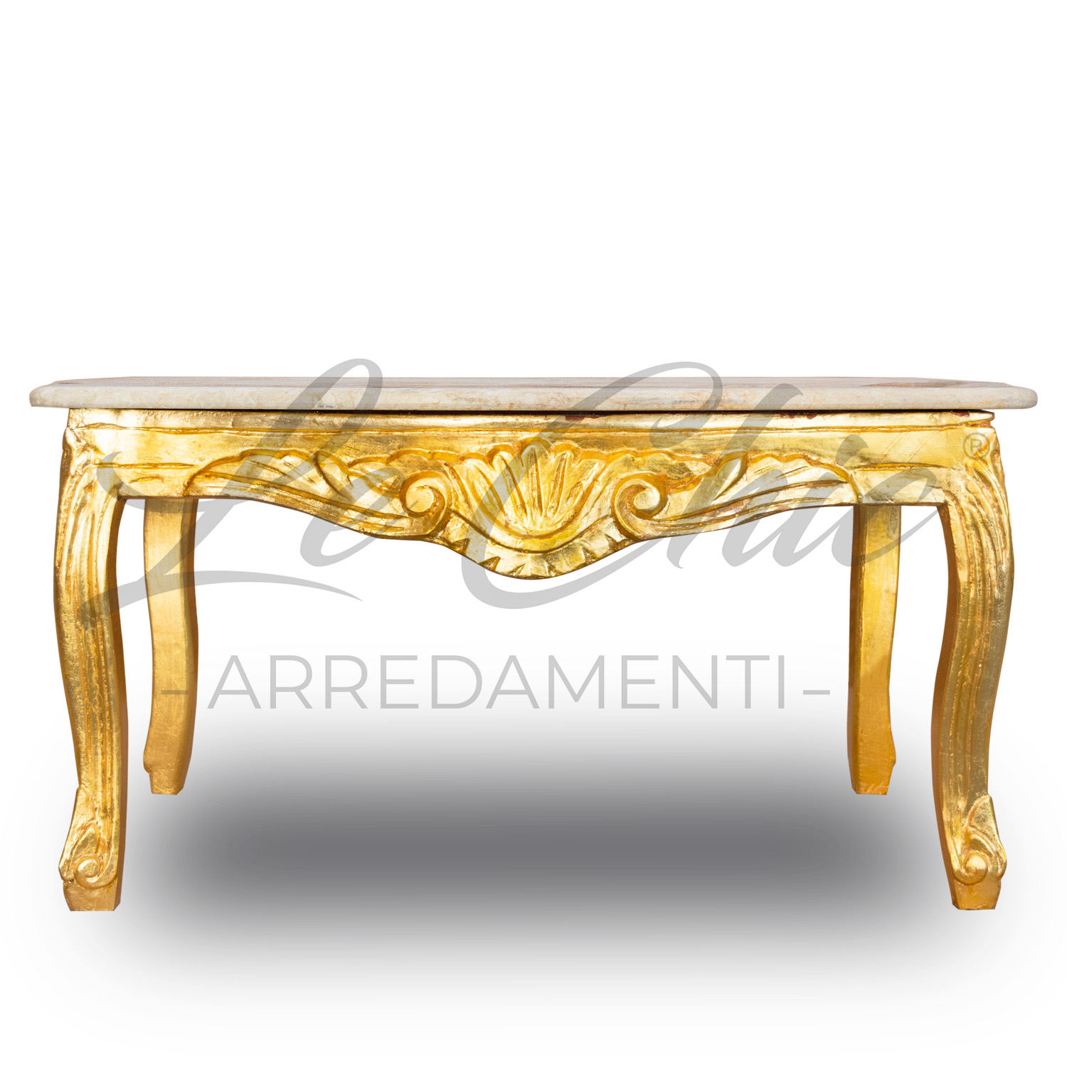 Tavolino stile impero in legno foglia oro e marmo 