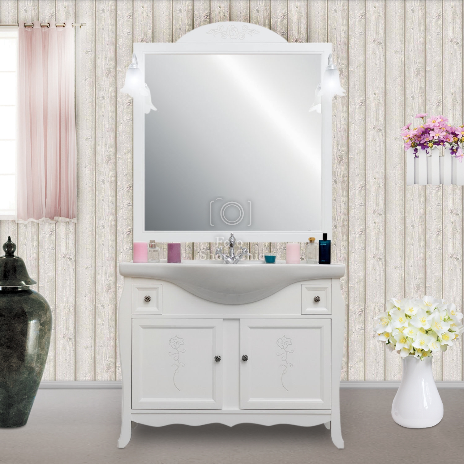 Mobile bagno shabby chic con decori incisi completo di specchio e applique  - Le Chic Arredamenti