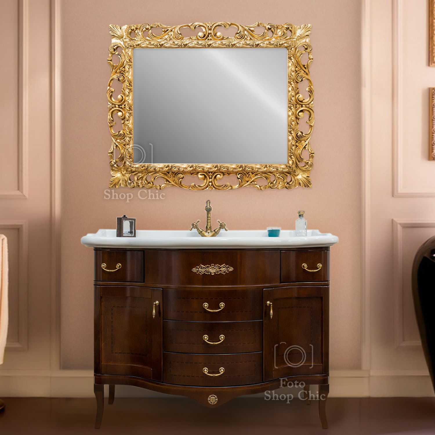 Specchio bagno in Oro Rosa intagliato - Qualità top su
