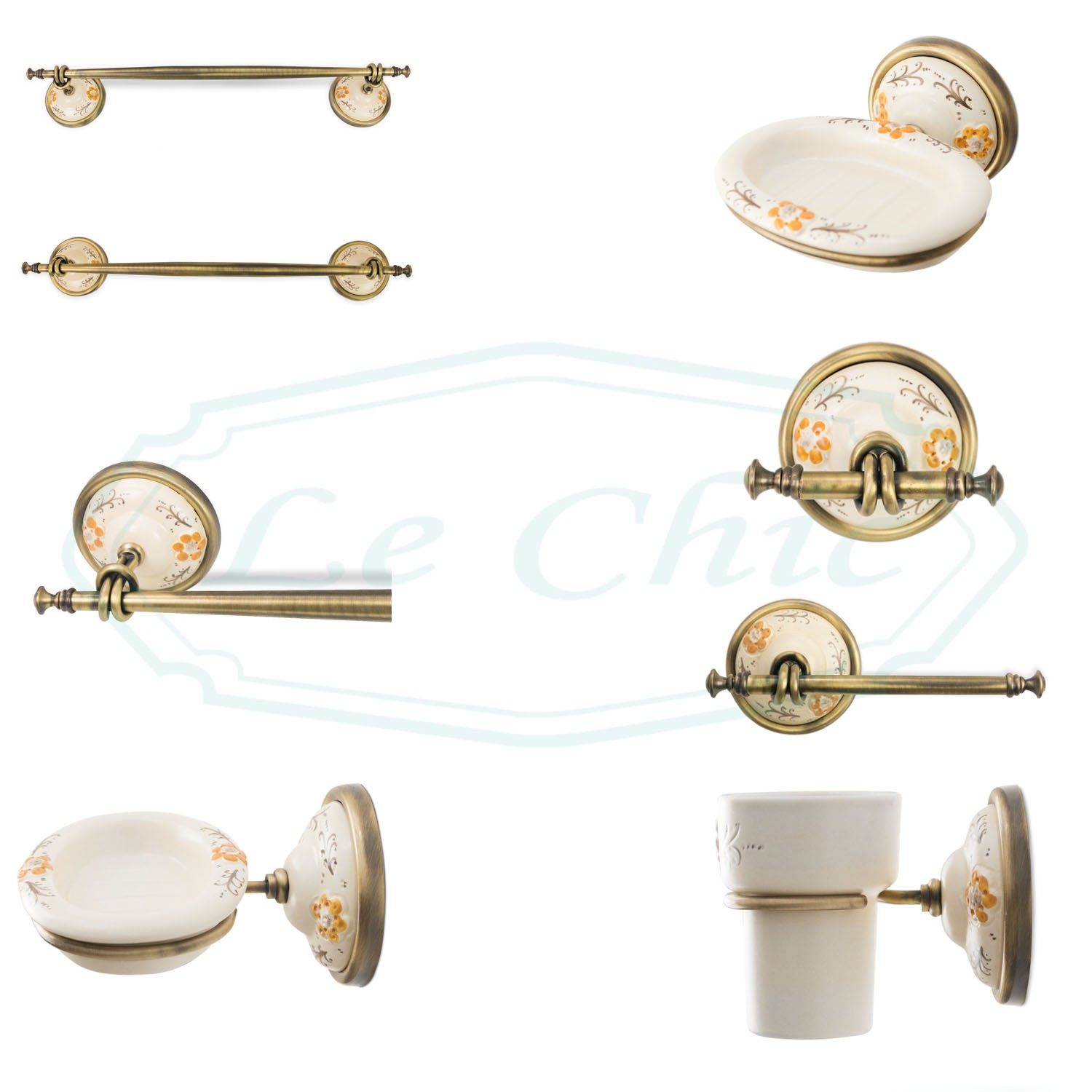 Set accessori bagno stile classico 8 pezzi in ottone bronzato ceramica  fiocco