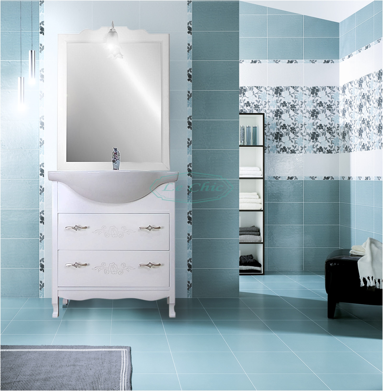 Arredo bagno 85 contemporaneo bianco shabby specchio cassettoni scorrevoli  - Le Chic Arredamenti