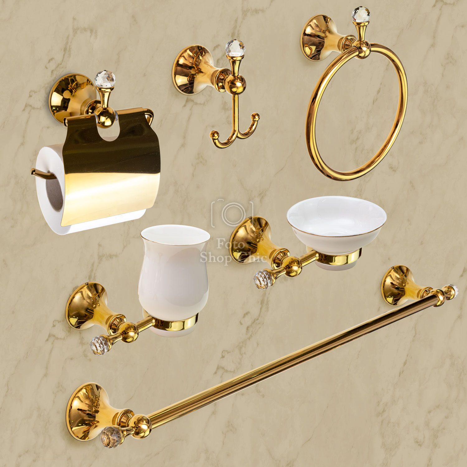 Set accessori da bagno 6 Pezzi Oro con Swarovski