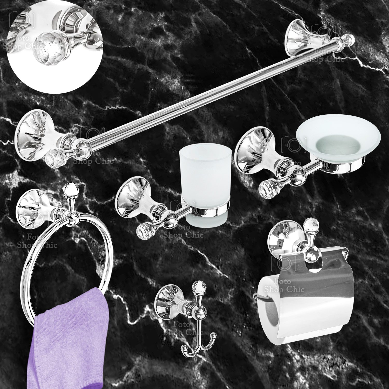 Set accessori da bagno 6 Pezzi Cromo con Swarovski - Le Chic