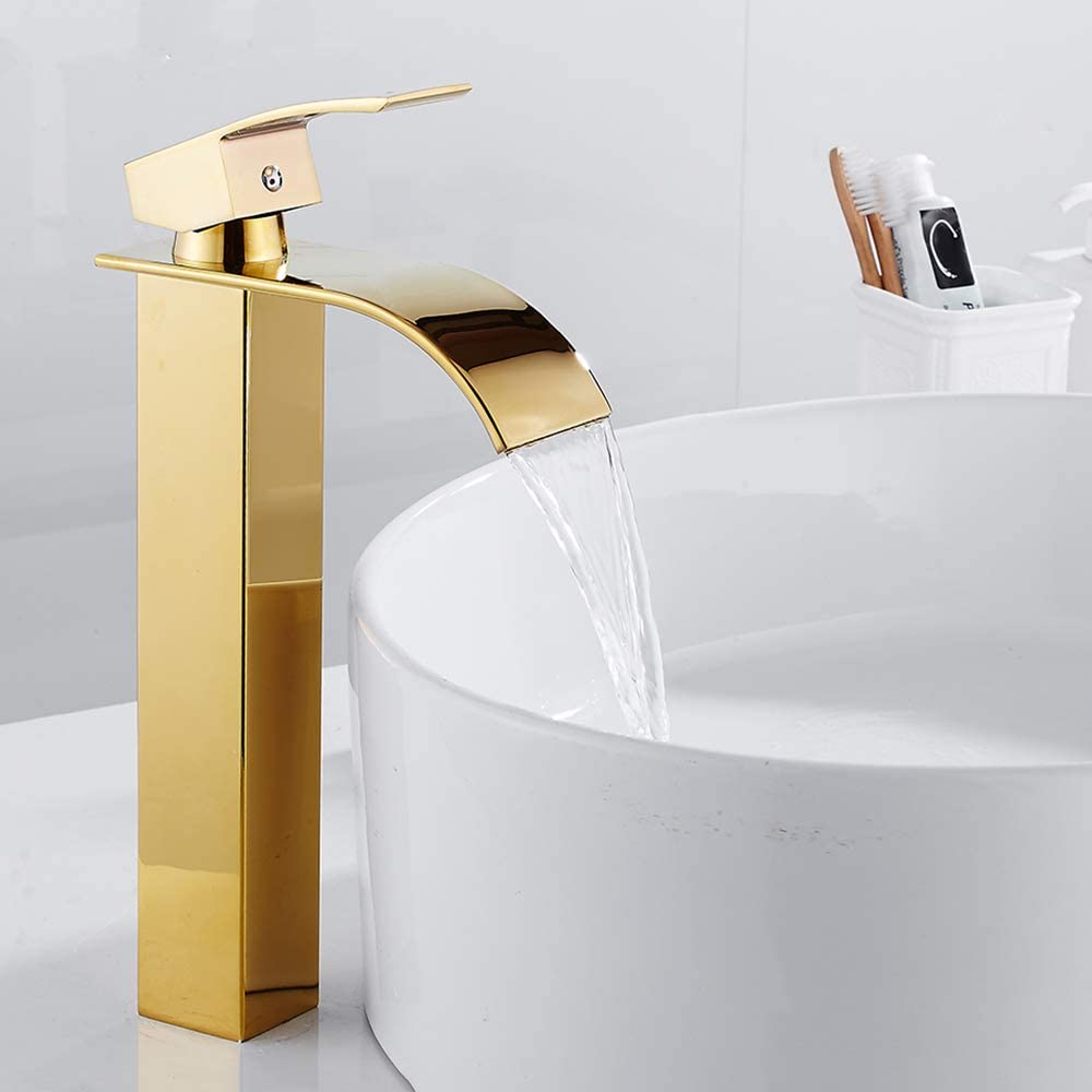 Rubinetto cascata oro miscelatore alto lavabo bagno - Le Chic Arredamenti